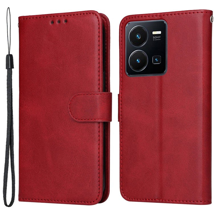 For vivo Y35 4G (2022) / Y22s 4G / Y22 4G Calf Texture Anti-scratch PU Leather Case Stand Wallet Phone Cover with Wrist Strap - Red