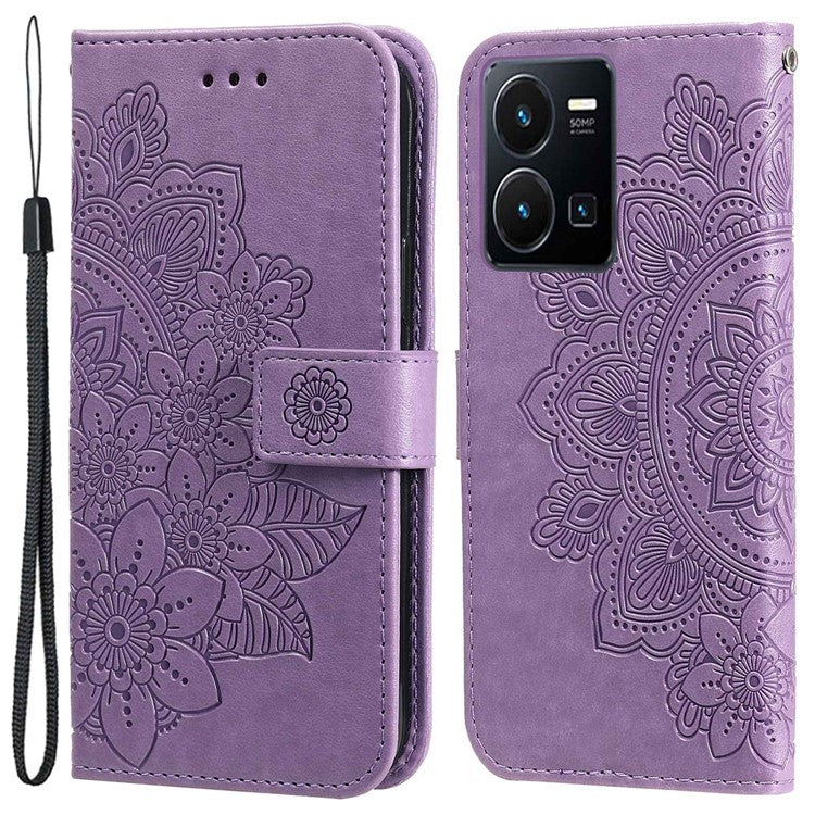 For vivo Y35 4G (2022) / Y22s 4G / Y22 4G PU Leather Flower Imprinting Stand Phone Case Magnetic Clasp Wallet Cover with Strap - Purple