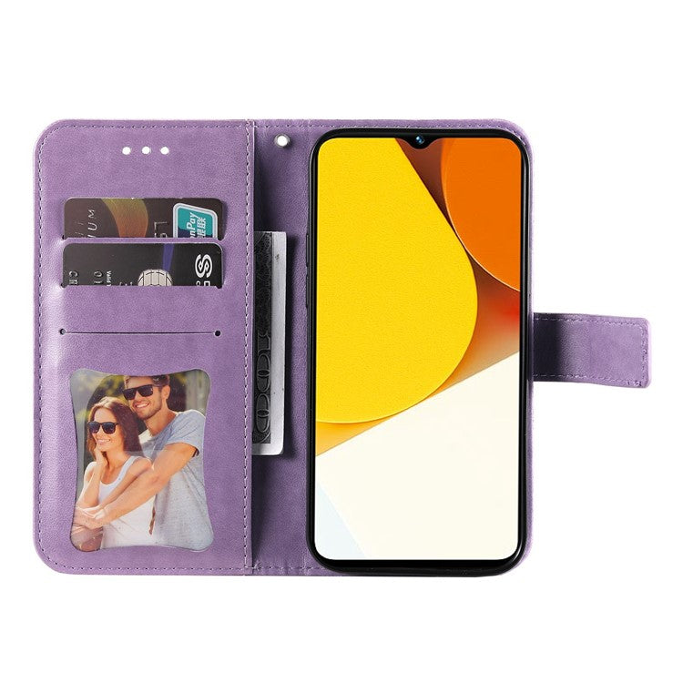 For vivo Y35 4G (2022) / Y22s 4G / Y22 4G PU Leather Flower Imprinting Stand Phone Case Magnetic Clasp Wallet Cover with Strap - Purple