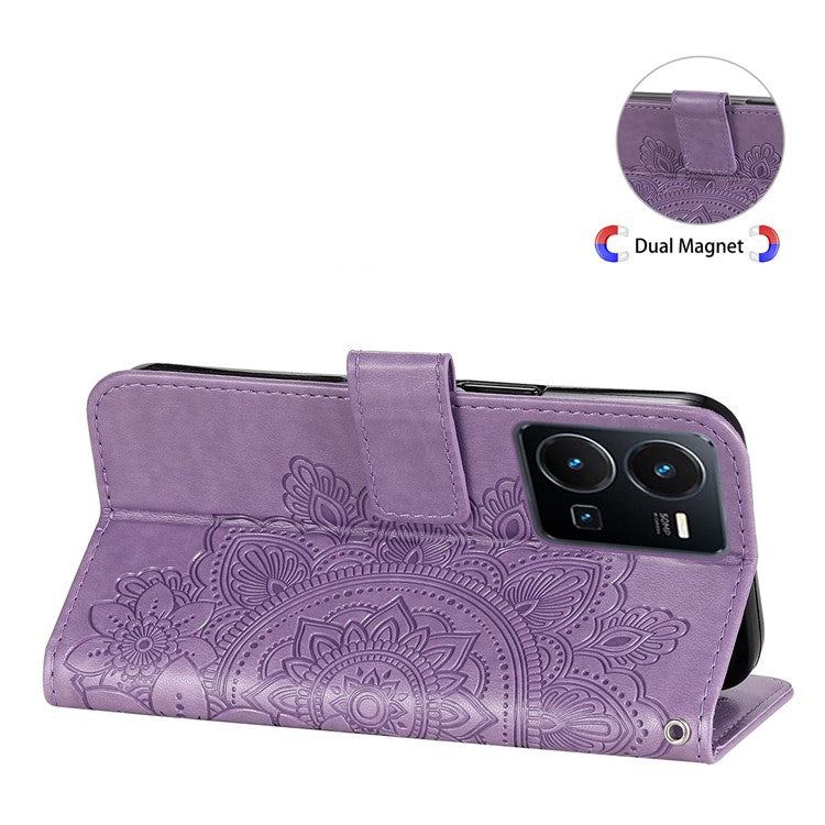 For vivo Y35 4G (2022) / Y22s 4G / Y22 4G PU Leather Flower Imprinting Stand Phone Case Magnetic Clasp Wallet Cover with Strap - Purple