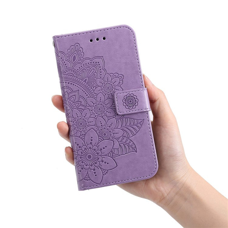 For vivo Y35 4G (2022) / Y22s 4G / Y22 4G PU Leather Flower Imprinting Stand Phone Case Magnetic Clasp Wallet Cover with Strap - Purple