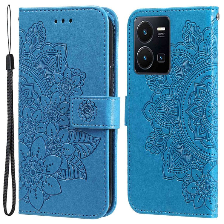 For vivo Y35 4G (2022) / Y22s 4G / Y22 4G PU Leather Flower Imprinting Stand Phone Case Magnetic Clasp Wallet Cover with Strap - Blue