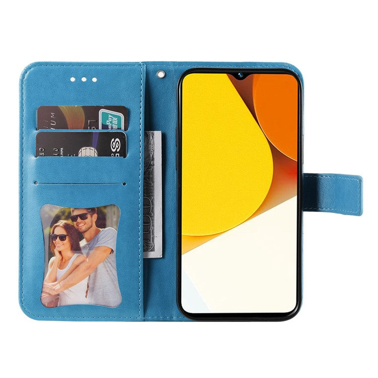 For vivo Y35 4G (2022) / Y22s 4G / Y22 4G PU Leather Flower Imprinting Stand Phone Case Magnetic Clasp Wallet Cover with Strap - Blue