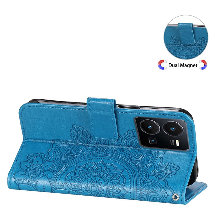 For vivo Y35 4G (2022) / Y22s 4G / Y22 4G PU Leather Flower Imprinting Stand Phone Case Magnetic Clasp Wallet Cover with Strap - Blue