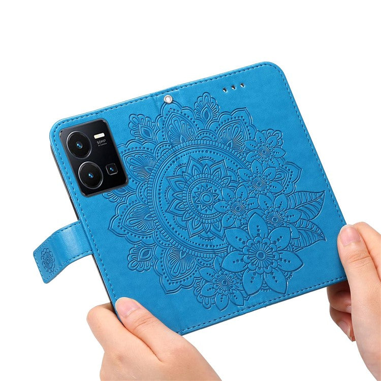 For vivo Y35 4G (2022) / Y22s 4G / Y22 4G PU Leather Flower Imprinting Stand Phone Case Magnetic Clasp Wallet Cover with Strap - Blue