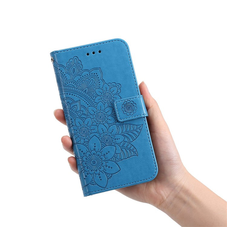 For vivo Y35 4G (2022) / Y22s 4G / Y22 4G PU Leather Flower Imprinting Stand Phone Case Magnetic Clasp Wallet Cover with Strap - Blue