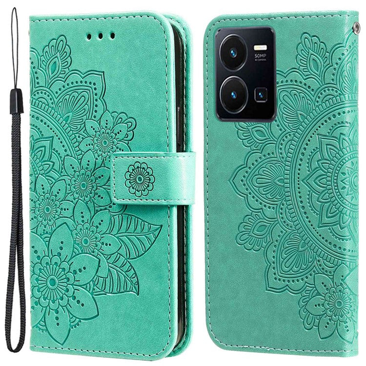 For vivo Y35 4G (2022) / Y22s 4G / Y22 4G PU Leather Flower Imprinting Stand Phone Case Magnetic Clasp Wallet Cover with Strap - Green