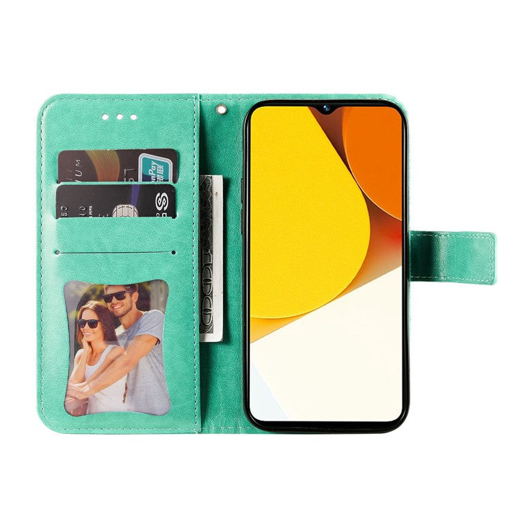 For vivo Y35 4G (2022) / Y22s 4G / Y22 4G PU Leather Flower Imprinting Stand Phone Case Magnetic Clasp Wallet Cover with Strap - Green