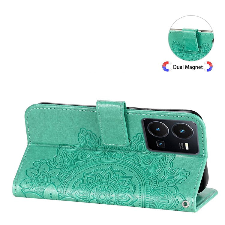 For vivo Y35 4G (2022) / Y22s 4G / Y22 4G PU Leather Flower Imprinting Stand Phone Case Magnetic Clasp Wallet Cover with Strap - Green