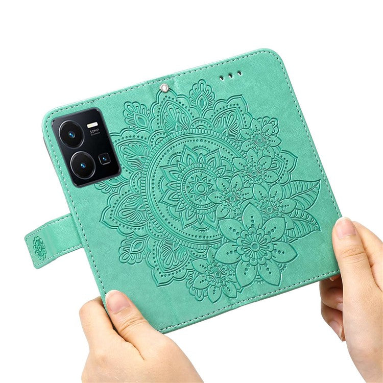 For vivo Y35 4G (2022) / Y22s 4G / Y22 4G PU Leather Flower Imprinting Stand Phone Case Magnetic Clasp Wallet Cover with Strap - Green