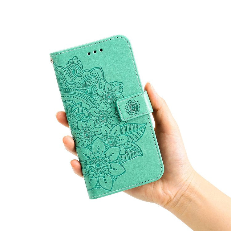 For vivo Y35 4G (2022) / Y22s 4G / Y22 4G PU Leather Flower Imprinting Stand Phone Case Magnetic Clasp Wallet Cover with Strap - Green