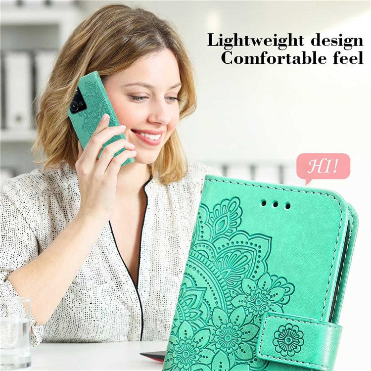 For vivo Y35 4G (2022) / Y22s 4G / Y22 4G PU Leather Flower Imprinting Stand Phone Case Magnetic Clasp Wallet Cover with Strap - Green