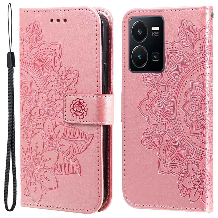 For vivo Y35 4G (2022) / Y22s 4G / Y22 4G PU Leather Flower Imprinting Stand Phone Case Magnetic Clasp Wallet Cover with Strap - Rose Gold