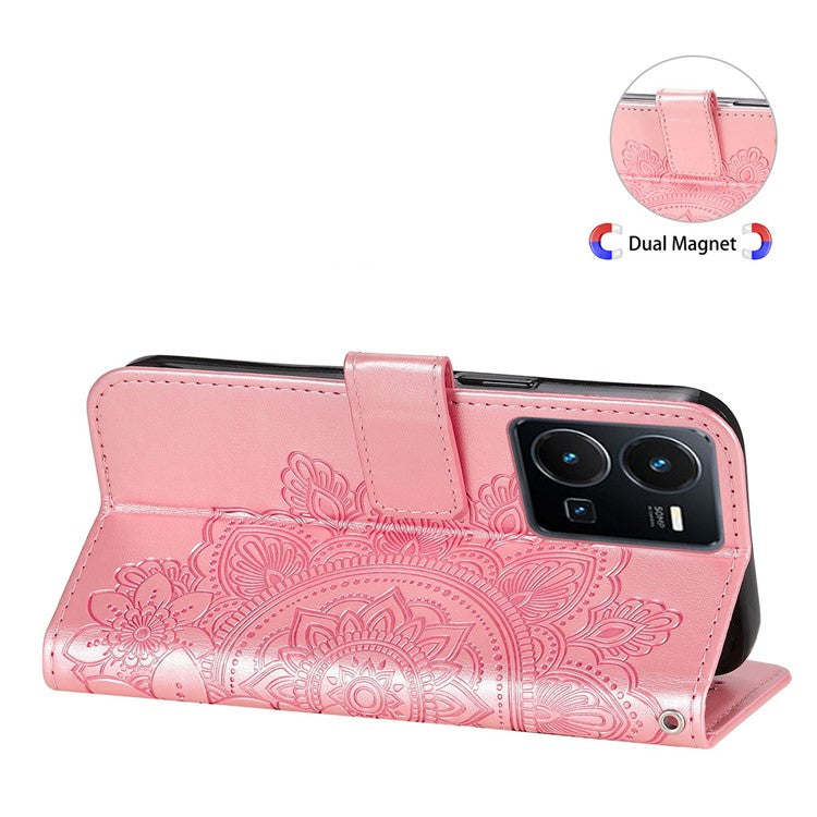 For vivo Y35 4G (2022) / Y22s 4G / Y22 4G PU Leather Flower Imprinting Stand Phone Case Magnetic Clasp Wallet Cover with Strap - Rose Gold