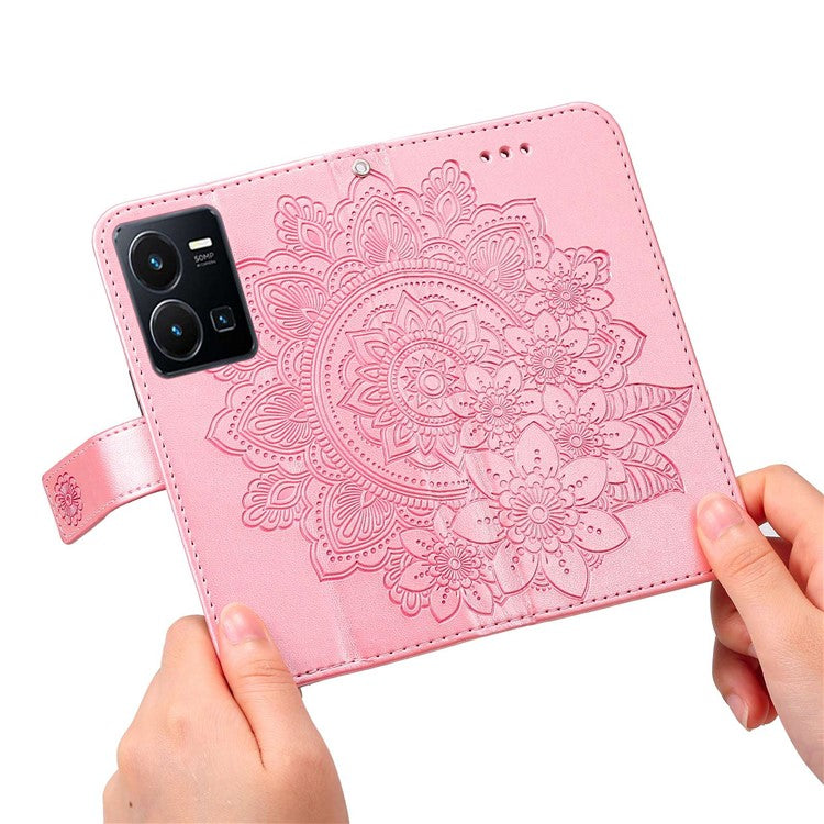 For vivo Y35 4G (2022) / Y22s 4G / Y22 4G PU Leather Flower Imprinting Stand Phone Case Magnetic Clasp Wallet Cover with Strap - Rose Gold