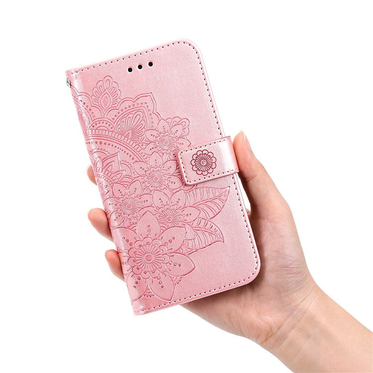 For vivo Y35 4G (2022) / Y22s 4G / Y22 4G PU Leather Flower Imprinting Stand Phone Case Magnetic Clasp Wallet Cover with Strap - Rose Gold