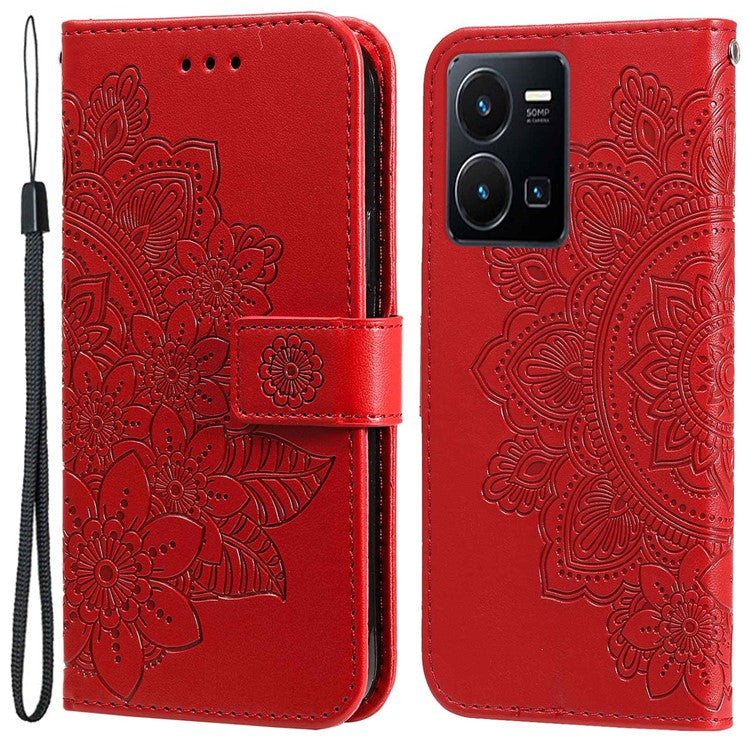 For vivo Y35 4G (2022) / Y22s 4G / Y22 4G PU Leather Flower Imprinting Stand Phone Case Magnetic Clasp Wallet Cover with Strap - Red