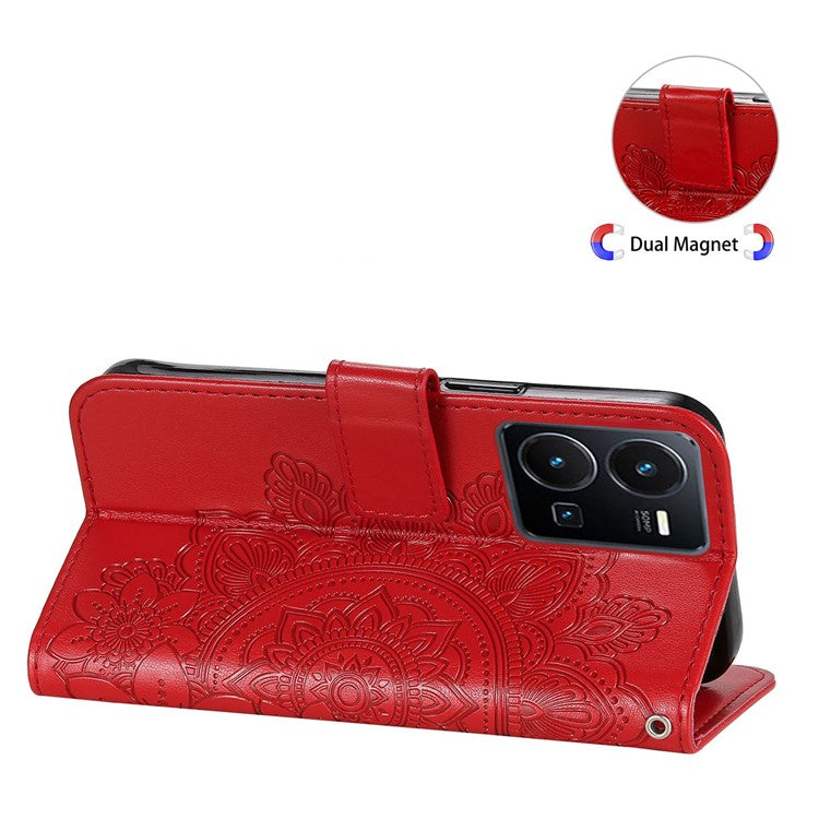 For vivo Y35 4G (2022) / Y22s 4G / Y22 4G PU Leather Flower Imprinting Stand Phone Case Magnetic Clasp Wallet Cover with Strap - Red