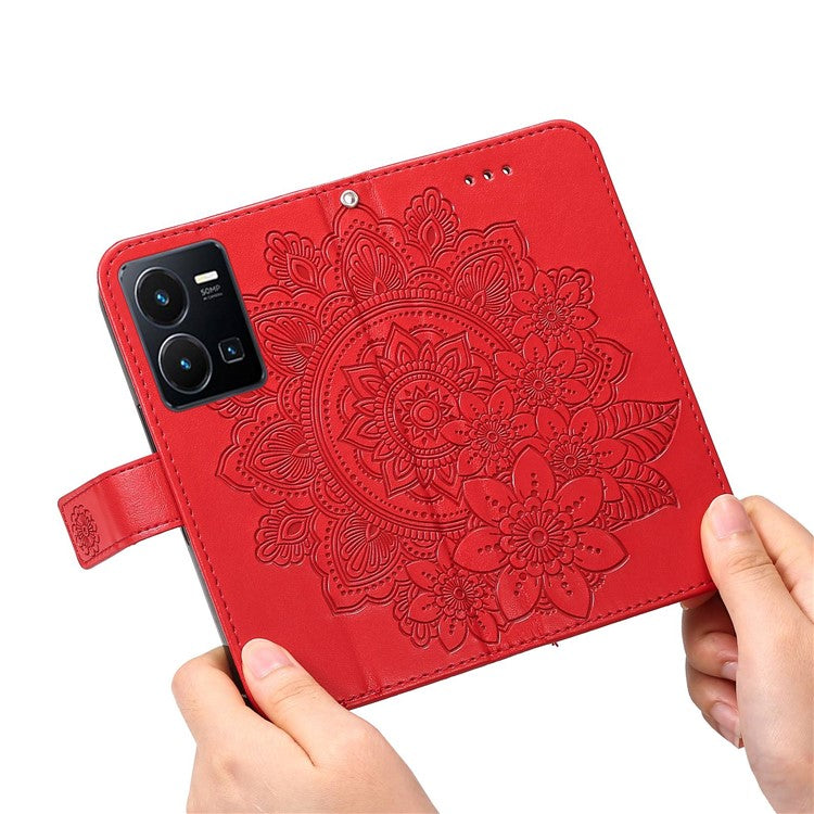 For vivo Y35 4G (2022) / Y22s 4G / Y22 4G PU Leather Flower Imprinting Stand Phone Case Magnetic Clasp Wallet Cover with Strap - Red