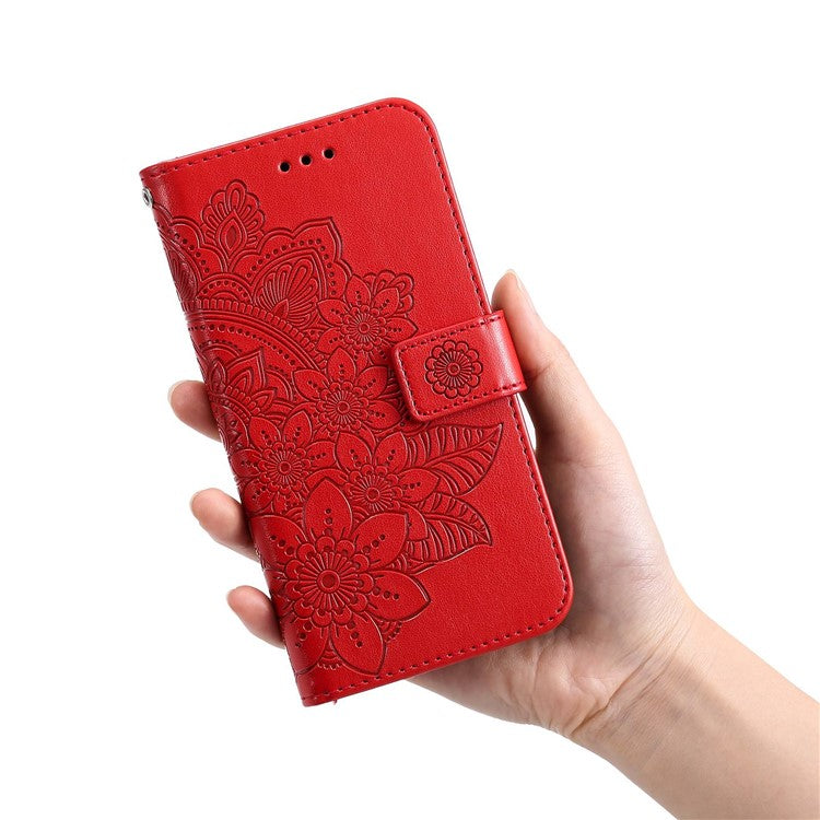 For vivo Y35 4G (2022) / Y22s 4G / Y22 4G PU Leather Flower Imprinting Stand Phone Case Magnetic Clasp Wallet Cover with Strap - Red