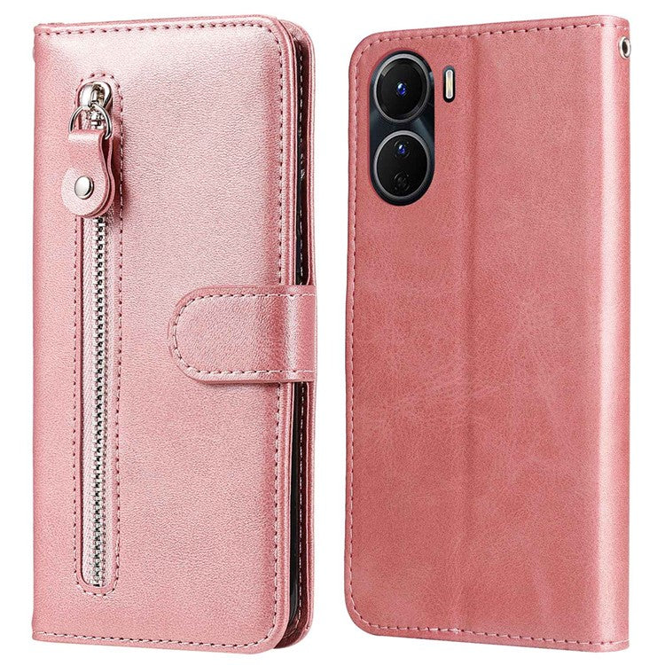 For vivo Y02s 4G / Y16 4G Zipper Pocket Phone Case Calf Texture PU Leather Wallet Folio Flip Stand Anti-drop Cover - Rose Gold