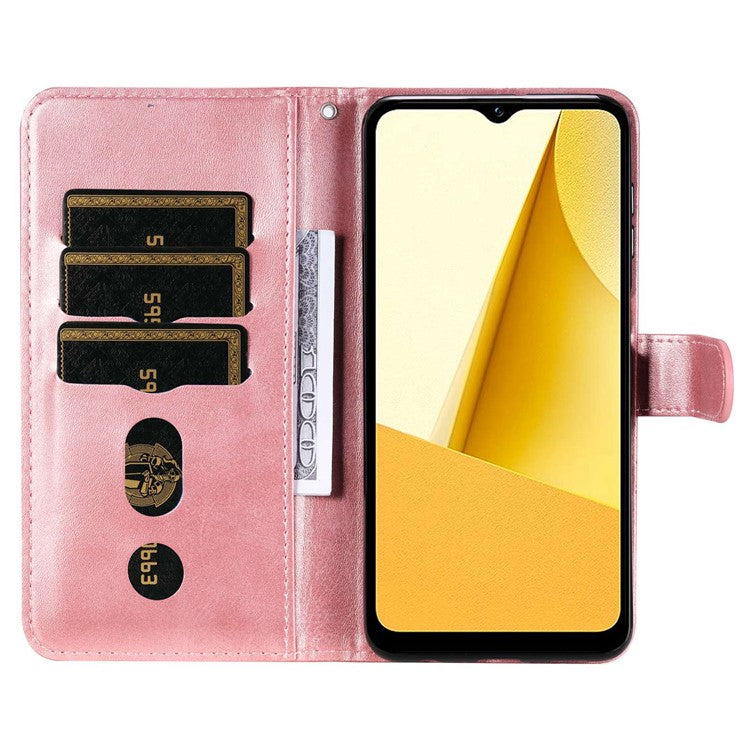 For vivo Y02s 4G / Y16 4G Zipper Pocket Phone Case Calf Texture PU Leather Wallet Folio Flip Stand Anti-drop Cover - Rose Gold