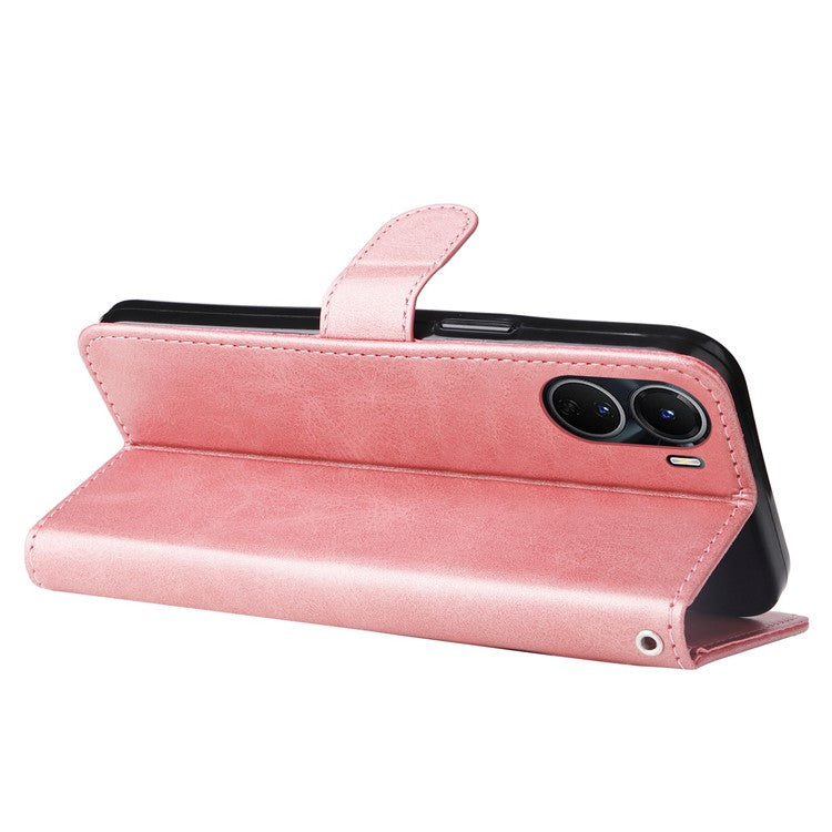 For vivo Y02s 4G / Y16 4G Zipper Pocket Phone Case Calf Texture PU Leather Wallet Folio Flip Stand Anti-drop Cover - Rose Gold