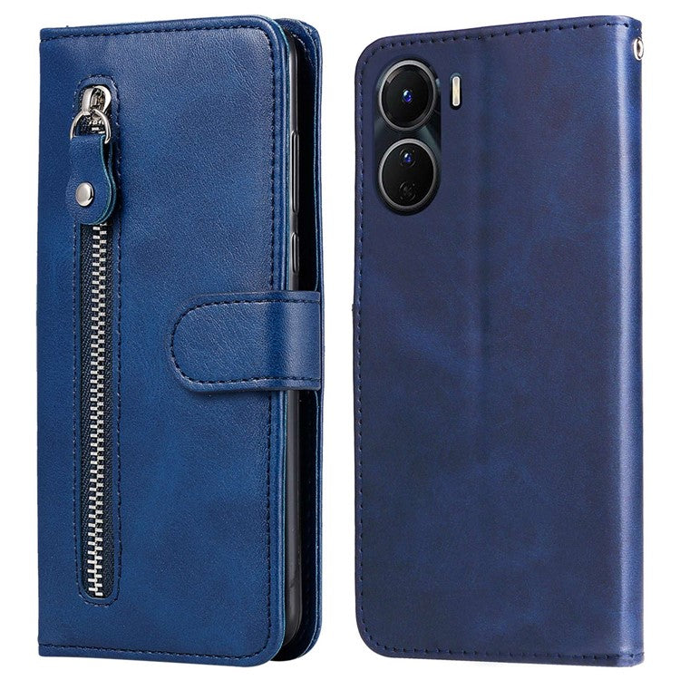 For vivo Y02s 4G / Y16 4G Zipper Pocket Phone Case Calf Texture PU Leather Wallet Folio Flip Stand Anti-drop Cover - Blue