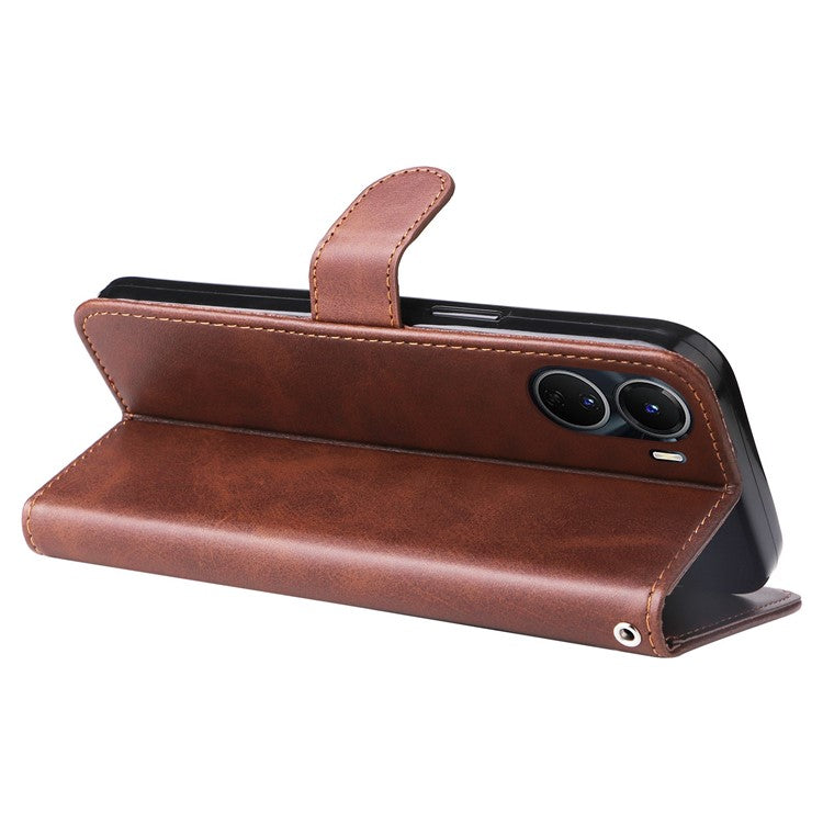 For vivo Y02s 4G / Y16 4G Zipper Pocket Phone Case Calf Texture PU Leather Wallet Folio Flip Stand Anti-drop Cover - Brown