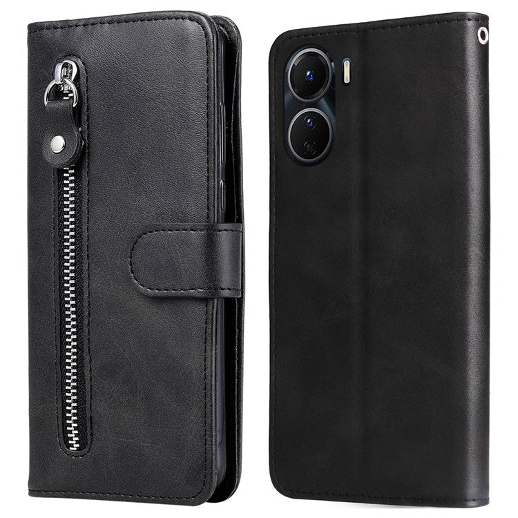 For vivo Y02s 4G / Y16 4G Zipper Pocket Phone Case Calf Texture PU Leather Wallet Folio Flip Stand Anti-drop Cover - Black