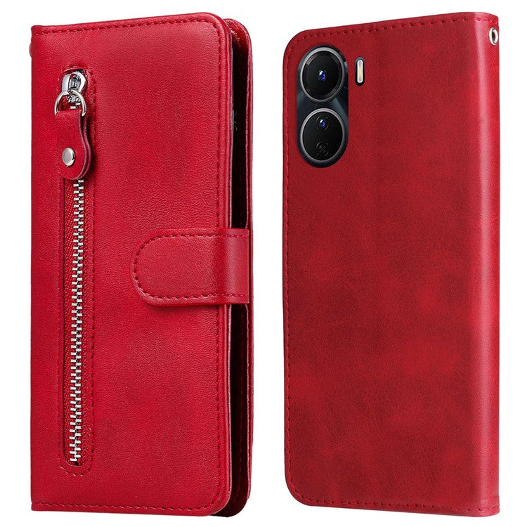 For vivo Y02s 4G / Y16 4G Zipper Pocket Phone Case Calf Texture PU Leather Wallet Folio Flip Stand Anti-drop Cover - Red