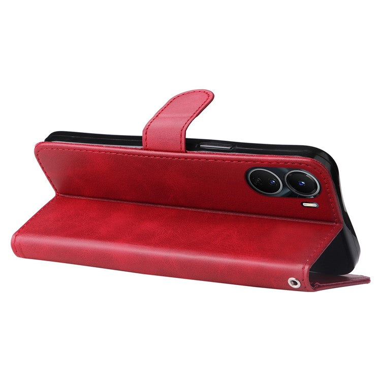 For vivo Y02s 4G / Y16 4G Zipper Pocket Phone Case Calf Texture PU Leather Wallet Folio Flip Stand Anti-drop Cover - Red