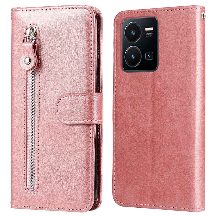 For vivo Y35 4G (2022) / Y22s 4G / Y22 4G Zipper Pocket Calf Texture PU Leather Magnetic Clasp Case Wallet Stand Phone Cover - Rose Gold