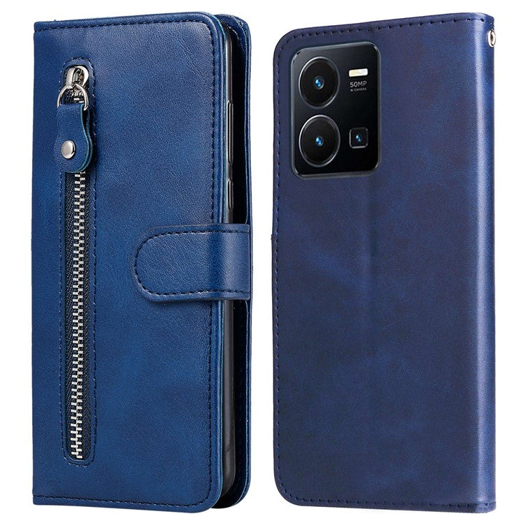 For vivo Y35 4G (2022) / Y22s 4G / Y22 4G Zipper Pocket Calf Texture PU Leather Magnetic Clasp Case Wallet Stand Phone Cover - Blue