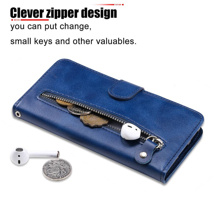 For vivo Y35 4G (2022) / Y22s 4G / Y22 4G Zipper Pocket Calf Texture PU Leather Magnetic Clasp Case Wallet Stand Phone Cover - Blue