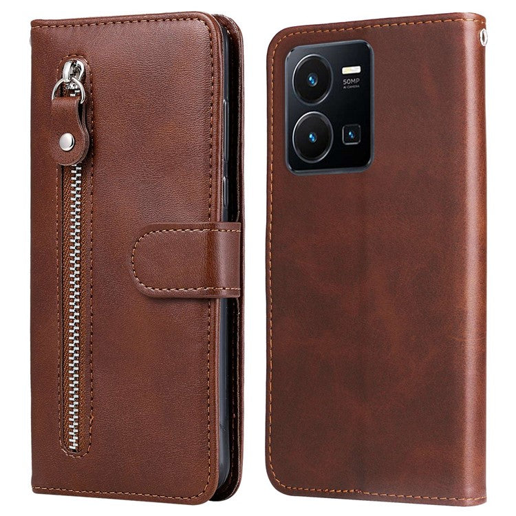 For vivo Y35 4G (2022) / Y22s 4G / Y22 4G Zipper Pocket Calf Texture PU Leather Magnetic Clasp Case Wallet Stand Phone Cover - Brown