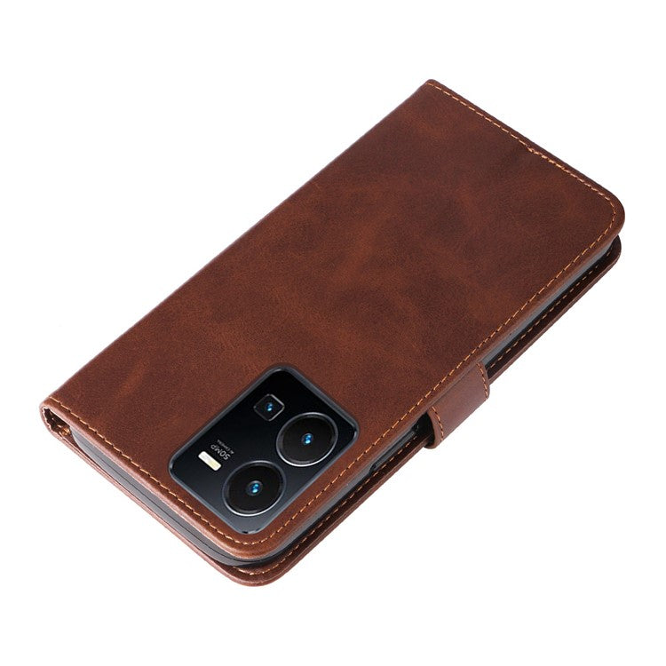 For vivo Y35 4G (2022) / Y22s 4G / Y22 4G Zipper Pocket Calf Texture PU Leather Magnetic Clasp Case Wallet Stand Phone Cover - Brown