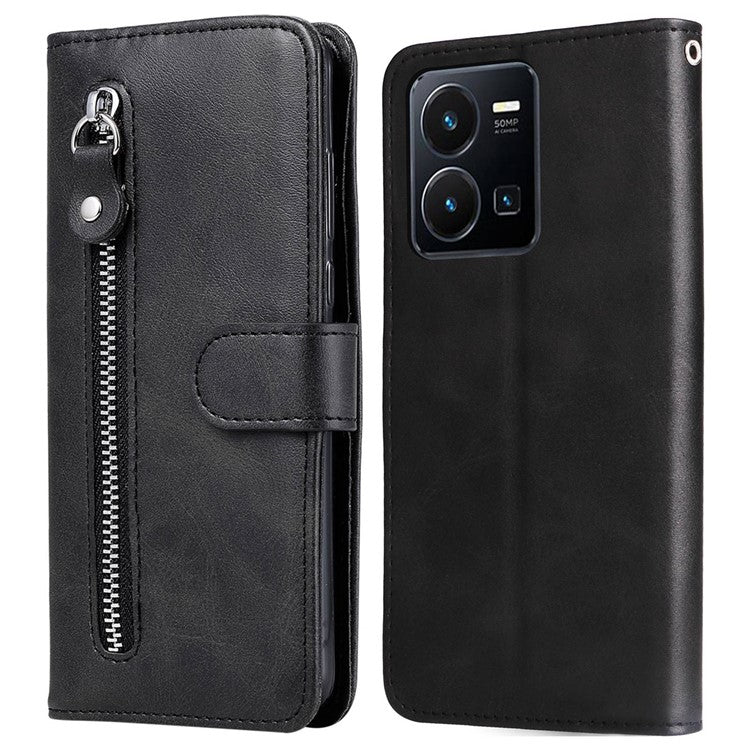 For vivo Y35 4G (2022) / Y22s 4G / Y22 4G Zipper Pocket Calf Texture PU Leather Magnetic Clasp Case Wallet Stand Phone Cover - Black