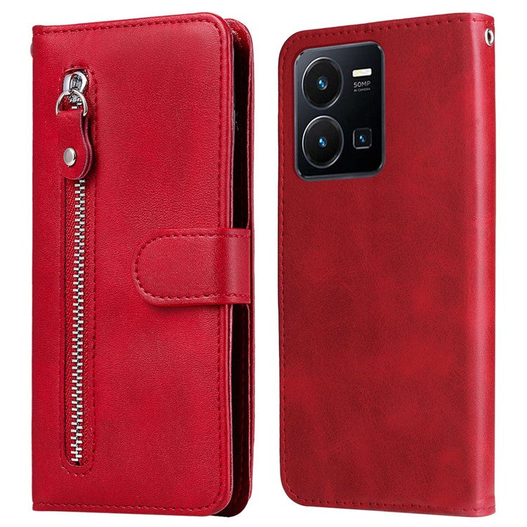 For vivo Y35 4G (2022) / Y22s 4G / Y22 4G Zipper Pocket Calf Texture PU Leather Magnetic Clasp Case Wallet Stand Phone Cover - Red