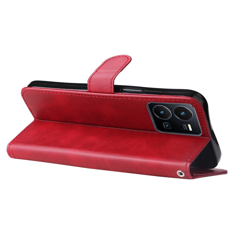 For vivo Y35 4G (2022) / Y22s 4G / Y22 4G Zipper Pocket Calf Texture PU Leather Magnetic Clasp Case Wallet Stand Phone Cover - Red