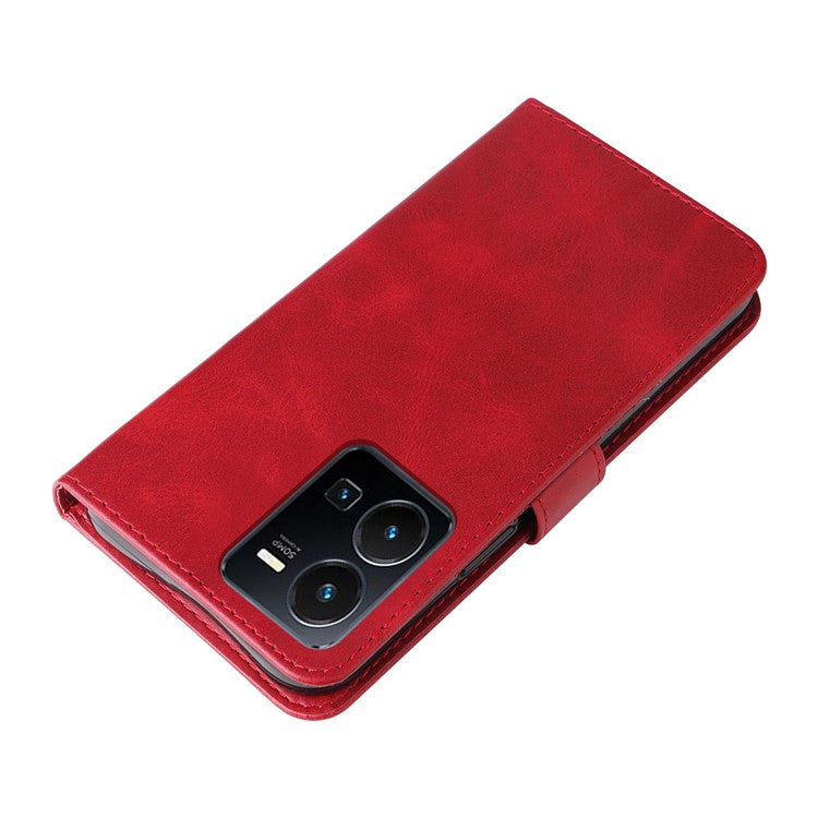 For vivo Y35 4G (2022) / Y22s 4G / Y22 4G Zipper Pocket Calf Texture PU Leather Magnetic Clasp Case Wallet Stand Phone Cover - Red