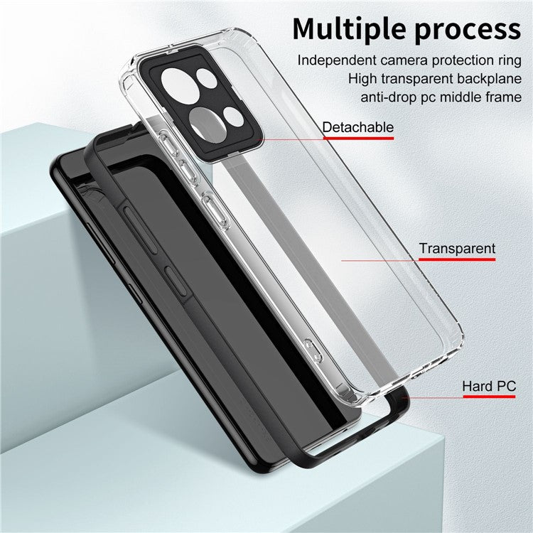 3-in-1 Transparent Phone Cover For Oppo Reno8 5G (Global Version) TPU Backplate + PC Frame + PC Camera Protection Scratch-resistant Phone Case - Black