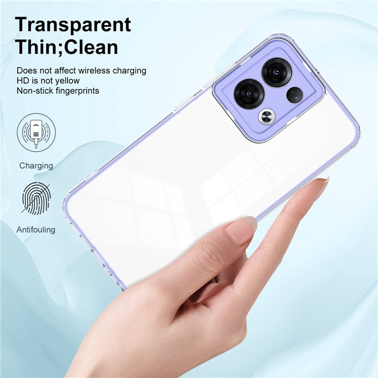 3-in-1 Transparent Phone Cover For Oppo Reno8 5G (Global Version) TPU Backplate + PC Frame + PC Camera Protection Scratch-resistant Phone Case - Purple