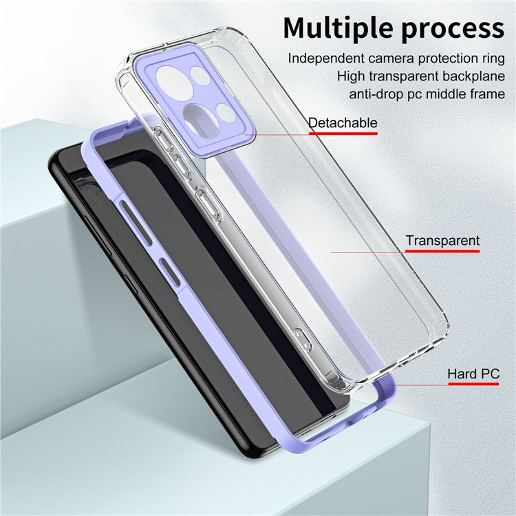 3-in-1 Transparent Phone Cover For Oppo Reno8 5G (Global Version) TPU Backplate + PC Frame + PC Camera Protection Scratch-resistant Phone Case - Purple