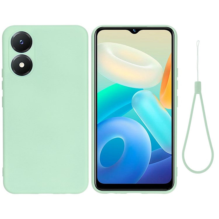 For vivo Y02s 4G Smooth Touch Liquid Silicone Phone Case Soft Fiber Lining Anti-Scratch Drop Protection Cover with Strap - Green