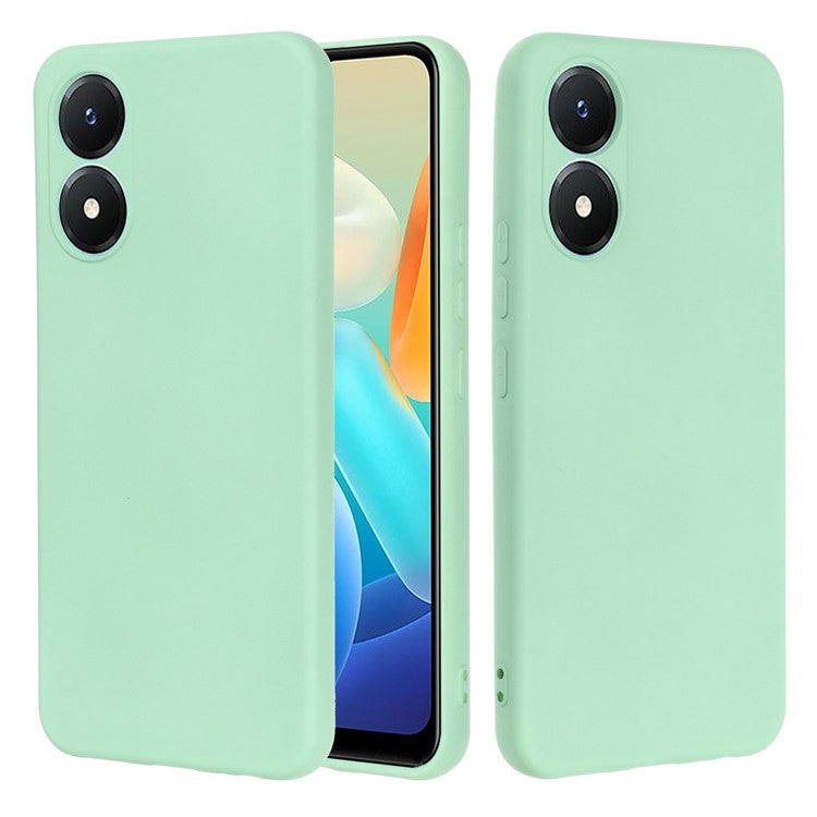 For vivo Y02s 4G Smooth Touch Liquid Silicone Phone Case Soft Fiber Lining Anti-Scratch Drop Protection Cover with Strap - Green