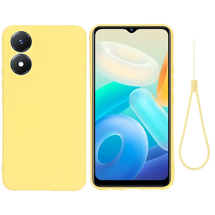 For vivo Y02s 4G Smooth Touch Liquid Silicone Phone Case Soft Fiber Lining Anti-Scratch Drop Protection Cover with Strap - Yellow