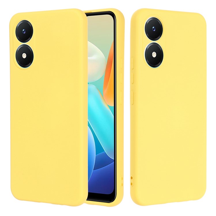 For vivo Y02s 4G Smooth Touch Liquid Silicone Phone Case Soft Fiber Lining Anti-Scratch Drop Protection Cover with Strap - Yellow