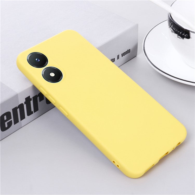 For vivo Y02s 4G Smooth Touch Liquid Silicone Phone Case Soft Fiber Lining Anti-Scratch Drop Protection Cover with Strap - Yellow