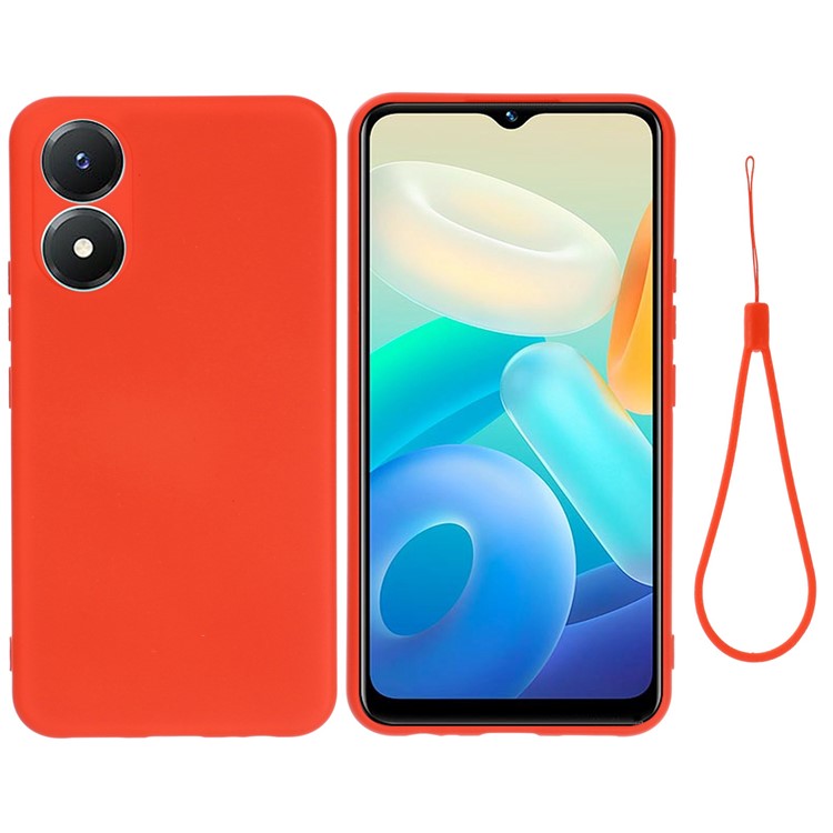 For vivo Y02s 4G Smooth Touch Liquid Silicone Phone Case Soft Fiber Lining Anti-Scratch Drop Protection Cover with Strap - Red